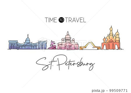 One single line drawing of city St. Petersburg skyline, Russia. Historical town landscape in world. Best holiday destination wall decor poster. Trendy continuous line draw design vector illustration 99509771