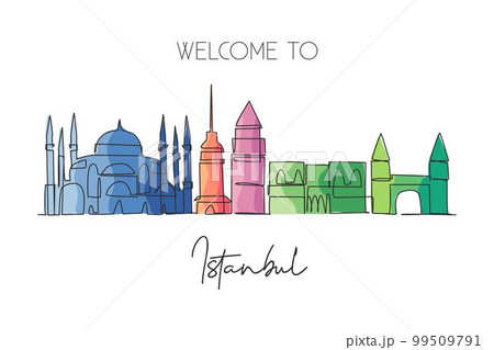 Single continuous line drawing of Istanbul city skyline, Turkey. Famous city scraper landscape. World travel wall decor home art poster print concept. Modern one line draw design vector illustration Single continuous line drawing of Istanbul city skyline, Turkey. Famous city scraper landscape. World travel wall decor home art poster print concept. Modern one line draw design vector illustration 99509791
