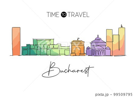 One continuous line drawing of Bucharest city skyline, Romania. Beautiful landmark. World landscape tourism and travel vacation. Editable stylish stroke art single line draw design vector illustration 99509795