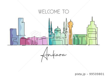 Single continuous line drawing of Ankara city skyline, Turkey. Famous city scraper landscape. World travel home wall decor art poster print concept. Modern one line draw design vector illustration Single continuous line drawing of Ankara city skyline, Turkey. Famous city scraper landscape. World travel home wall decor art poster print concept. Modern one line draw design vector illustration 99509801
