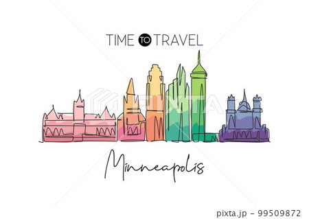 One continuous line drawing Minneapolis city skyline, United States of America. Beautiful landmark. World landscape vacation poster. Editable stylish stroke single line draw design vector illustration 99509872