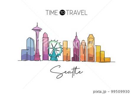 One continuous line drawing of Seattle city skyline, United States. Beautiful landmark. World landscape tourism and travel vacation. Editable stylish stroke single line draw design vector illustration One continuous line drawing of Seattle city skyline, United States. Beautiful landmark. World landscape tourism and travel vacation. Editable stylish stroke single line draw design vector illustration 99509930