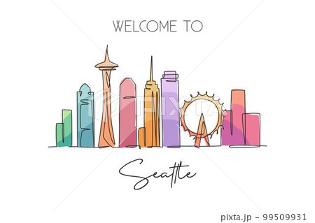 Single continuous line drawing of Seattle city skyline, USA. Famous city scraper and landscape home wall decor poster print art. World travel concept. Modern one line draw design vector illustration 99509931