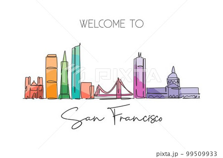 One continuous line drawing San Francisco city skyline, United States of America. Beautiful landmark. World tourism travel vacation poster. Editable stroke single line draw design vector illustration 99509933