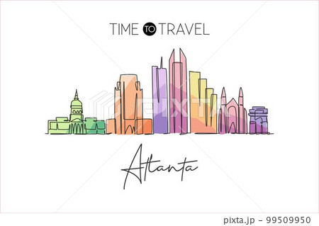 One continuous line drawing of Atlanta city skyline, USA. Beautiful landmark. World landscape tourism travel vacation poster print wall decor art. Stylish single line draw design vector illustration 99509950