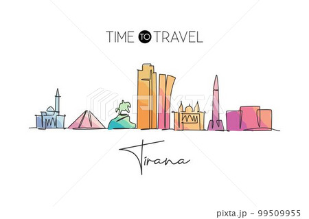 One single line drawing of city Tirana skyline, Albania. Historical town landscape in the world. Best holiday destination poster. Editable stroke trendy continuous line draw design vector illustration 99509955