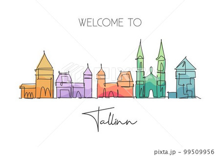 Single continuous line drawing of Tallinn city skyline, Estonia. Famous city scraper and landscape wall decor art. World travel concept. Editable stroke modern one line draw design vector illustration Single continuous line drawing of Tallinn city skyline, Estonia. Famous city scraper and landscape wall decor art. World travel concept. Editable stroke modern one line draw design vector illustration 99509956