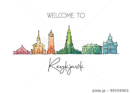 One single line drawing of Reykjavik city skyline, Iceland. Historical town landscape in world. Best holiday destination poster. Editable stroke trendy continuous line draw design vector illustration 99509963