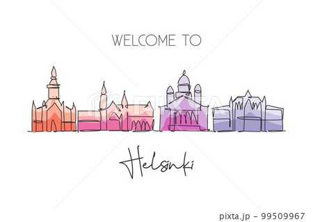 One single line drawing of Helsinki city skyline, Finland. Historical town landscape. Best holiday destination home wall decor poster print art. Trendy continuous line draw design vector illustration 99509967