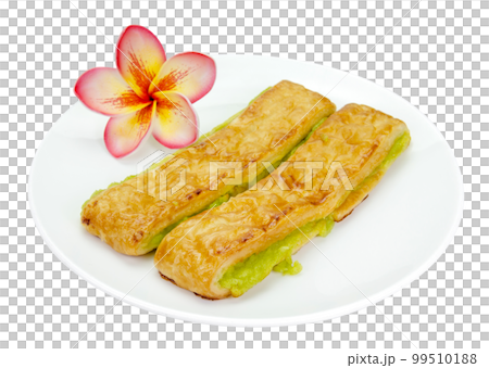 custard bread in a white plate isolated 99510188