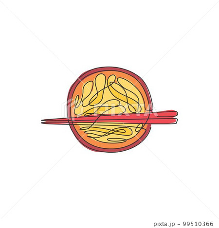 Single continuous line drawing of stylized hot spicy noodles logo label. Emblem fast food restaurant concept. Modern one line draw design vector illustration for bar, shop or food delivery service 99510366
