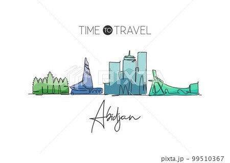 One single line drawing Abidjan city skyline, Ivory Coast. Historical town landscape in world postcard. Best holiday destination. Editable stroke trendy continuous line draw design vector illustration 99510367