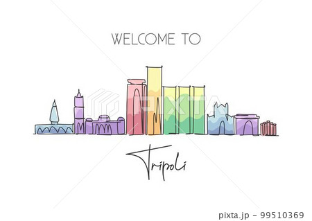 One continuous line drawing of Tripoli city skyline, Libya. Beautiful city landmark. World landscape tourism and travel vacation. Editable stylish stroke single line draw design vector illustration One continuous line drawing of Tripoli city skyline, Libya. Beautiful city landmark. World landscape tourism and travel vacation. Editable stylish stroke single line draw design vector illustration 99510369