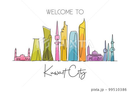 Single continuous line drawing of Kuwait city skyline Middle East. Famous city scraper and landscape home decor wall poster print. World travel concept. Modern one line draw design vector illustration 99510386