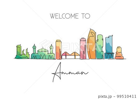 One single line drawing of Amman city skyline, Jordan. Historical town landscape in the world. Best holiday destination. Editable stroke trendy continuous line draw design graphic vector illustration 99510411