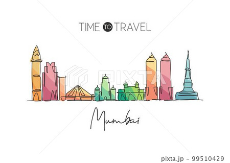 One single line drawing of Mumbai city skyline, India. Historical town landscape in the world. Best holiday destination. Editable stroke trendy continuous line draw design vector graphic illustration 99510429