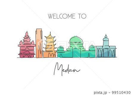 Single continuous line drawing of Medan city skyline, Indonesia. Famous city scraper and landscape postcard print. World travel concept. Editable stroke modern one line draw design vector illustration Single continuous line drawing of Medan city skyline, Indonesia. Famous city scraper and landscape postcard print. World travel concept. Editable stroke modern one line draw design vector illustration 99510430