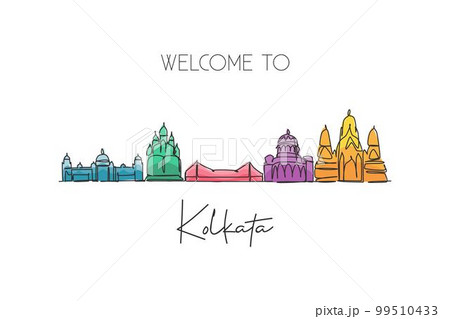 One single line drawing of Kolkata city skyline, India. Historical town landscape in the world. Best holiday destination. Editable stroke trendy continuous line draw design vector graphic illustration One single line drawing of Kolkata city skyline, India. Historical town landscape in the world. Best holiday destination. Editable stroke trendy continuous line draw design vector graphic illustration 99510433