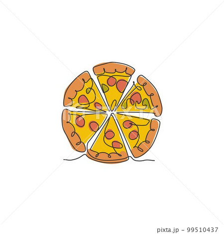 One continuous line drawing of fresh delicious Italy pizza restaurant logo badge. Fast food Italian pizzeria cafe shop logotype template concept. Modern single line draw design vector illustration One continuous line drawing of fresh delicious Italy pizza restaurant logo badge. Fast food Italian pizzeria cafe shop logotype template concept. Modern single line draw design vector illustration 99510437