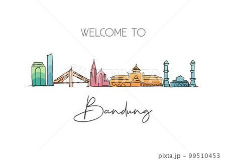 One continuous line drawing of Bandung city skyline, India. Beautiful city landmark. World landscape tourism and travel vacation. Editable stylish single line draw design graphic vector illustration 99510453