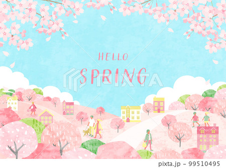 桜が咲く春の街並みと人々のベクターイラスト背景 99510495
