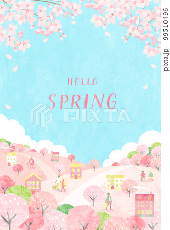 桜が咲く春の街並みと人々のベクターイラスト背景 99510496