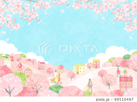桜が咲く春の街並みと人々のベクターイラスト背景 99510497