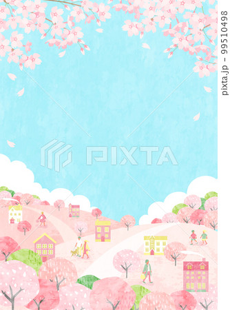 桜が咲く春の街並みと人々のベクターイラスト背景 99510498
