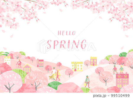 桜が咲く春の街並みと人々のベクターイラスト背景 99510499