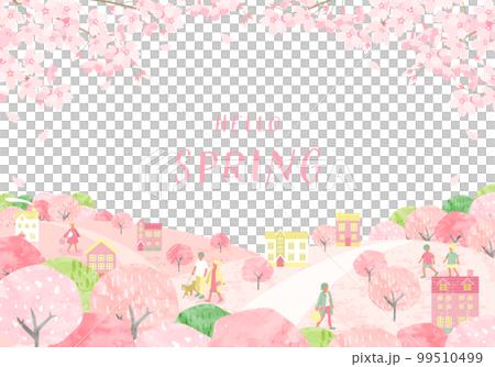 桜が咲く春の街並みと人々のベクターイラスト背景 99510499