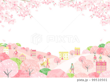 桜が咲く春の街並みと人々のベクターイラスト背景 桜が咲く春の街並みと人々のベクターイラスト背景 99510501