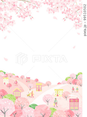 桜が咲く春の街並みと人々のベクターイラスト背景 99510502