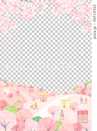 桜が咲く春の街並みと人々のベクターイラスト背景 99510502