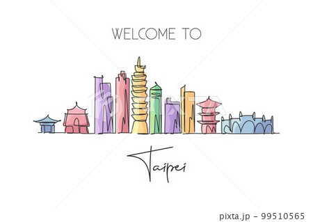 One continuous line drawing of Taipei city skyline, Taiwan. Beautiful landmark. World landscape tourism and travel vacation. Editable stylish stroke single line draw design graphic vector illustration 99510565