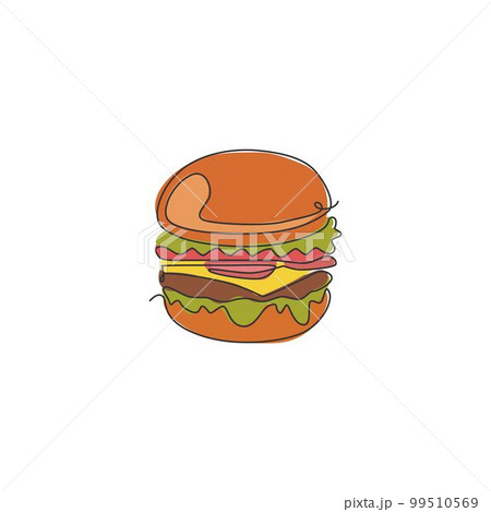 Single continuous line drawing American burger logo label. Emblem fast food sandwich restaurant concept. Modern one line draw design graphic vector illustration for cafe, shop or food delivery service 99510569