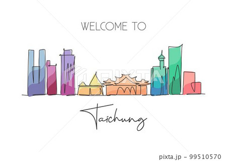 One single line drawing of Taichung city skyline, Taiwan. Historical town landscape home wall decor art poster print. Best holiday destination. Trendy continuous line draw design vector illustration 99510570