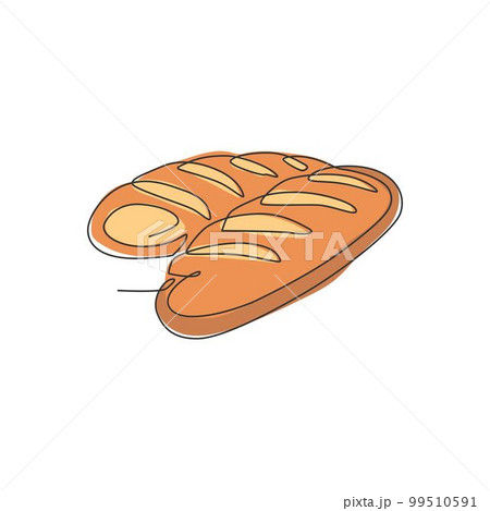 One continuous line drawing of fresh delicious online French long thin bread shop logo emblem. Home made baguettes store logotype template concept. Modern single line draw design vector illustration 99510591