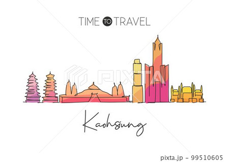 Single continuous line drawing of Kaohsiung city skyline, Taiwan. Famous city scraper landscape home wall decor art poster print. World travel concept. Modern one line draw design vector illustration 99510605