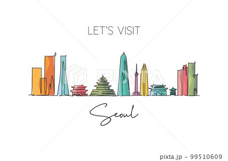 Single continuous line drawing Seoul skyline, South Korea. Famous city scraper landscape wall decor poster print art. World travel destination concept. Modern one line draw design vector illustration Single continuous line drawing Seoul skyline, South Korea. Famous city scraper landscape wall decor poster print art. World travel destination concept. Modern one line draw design vector illustration 99510609