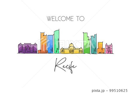 One single line drawing of Recife city skyline, Brazil. World historical town landscape postcard. Best place holiday destination. Editable stroke trendy continuous line draw design vector illustration 99510625