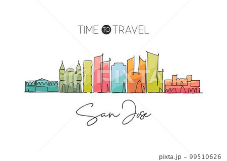 One single line drawing of San Jose city skyline, Costa Rica. World historical town landscape. Best place holiday destination. Editable stroke trendy continuous line draw design vector illustration 99510626