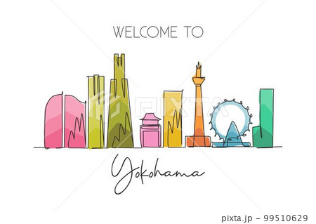 One continuous line drawing of Yokohama city skyline, Japan. Beautiful landmark. World landscape tourism and travel vacation poster. Editable stylish stroke single line draw design vector illustration 99510629