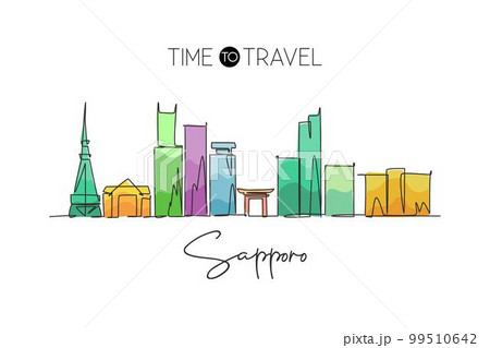 One continuous line drawing of Sapporo city skyline, Japan. Beautiful landmark. World landscape tourism and travel vacation poster. Editable stylish stroke single line draw design vector illustration One continuous line drawing of Sapporo city skyline, Japan. Beautiful landmark. World landscape tourism and travel vacation poster. Editable stylish stroke single line draw design vector illustration 99510642