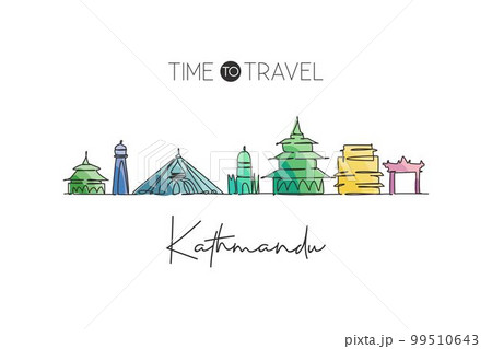 Single continuous line drawing Kathmandu skyline, Nepal. Famous city scraper landscape home wall decor poster print. World travel destination concept. Modern one line draw design vector illustration 99510643