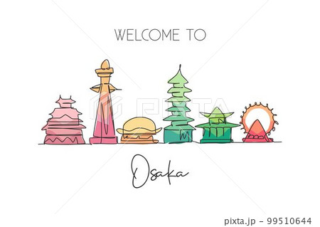 One continuous line drawing of Osaka city skyline, Japan. Beautiful landmark. World landscape tourism and travel vacation poster. Editable stylish stroke single line draw design vector illustration One continuous line drawing of Osaka city skyline, Japan. Beautiful landmark. World landscape tourism and travel vacation poster. Editable stylish stroke single line draw design vector illustration 99510644