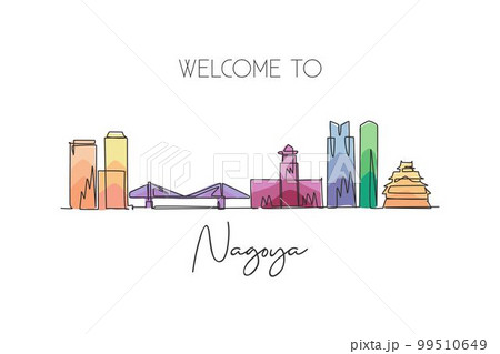 One single line drawing of Nagoya city skyline, Japan. Historical town landscape in the world. Best holiday destination poster. Editable stroke trendy continuous line draw design vector illustration One single line drawing of Nagoya city skyline, Japan. Historical town landscape in the world. Best holiday destination poster. Editable stroke trendy continuous line draw design vector illustration 99510649