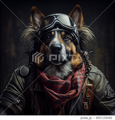 Dog in biker or pilot uniform. Dog in biker or pilot uniform. 99510680