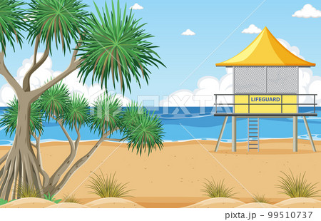 Beach scene with lifeguard tower 99510737