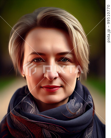 Joyful successful young European female artist or worker of creative profession wearing scarf around her neck, looking at camera 99510770