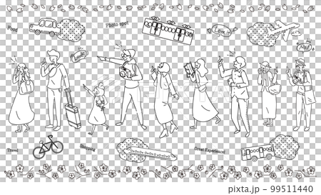 各種男女老少春遊賞景車一套（黑白線描） 99511440